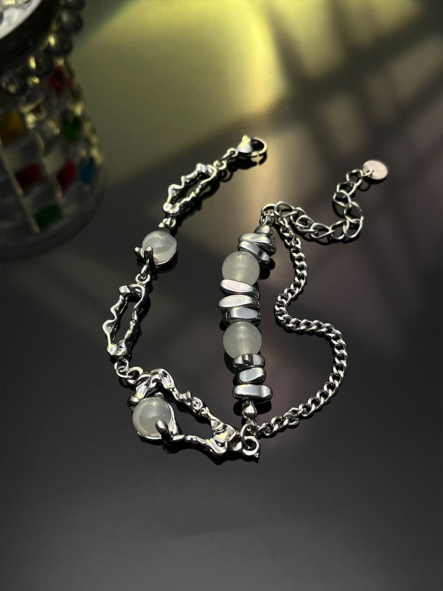 Women's Niche Design Pin Moonstone Cat's Eye Beaded Bracelet