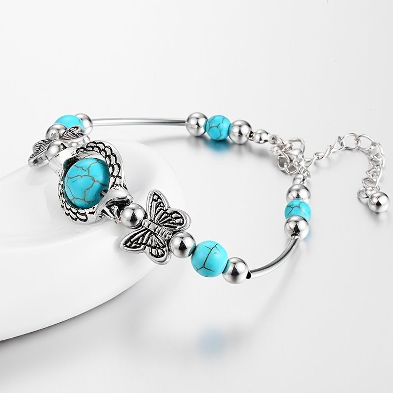 Charm Vintage Jewelry Silver Natural Turquoise Women Girl Butterfly Bracelet Chain Beads Bracelet & Bangle Wedding Gift