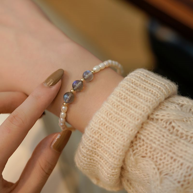 Pearl Elastic String Bracelet Adjustable Grey Moonstone