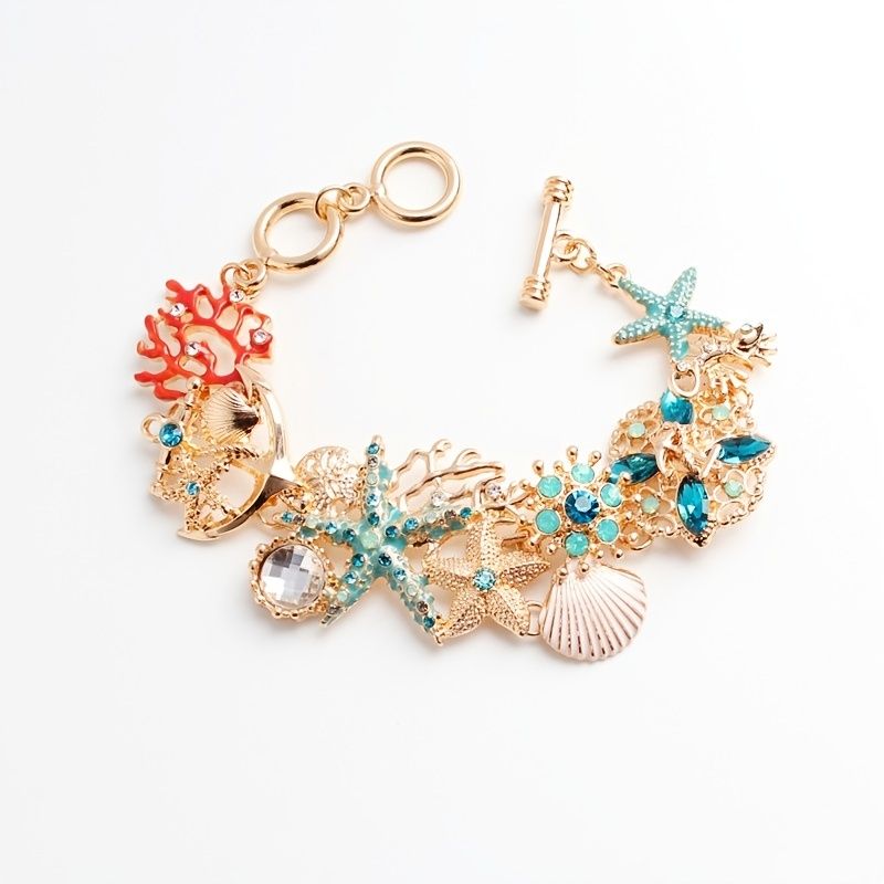 1pc Boho Ocean Element Bracelet Copper Inlaid Diamond Metal Starfish Coral Shell DIY Charm Bracelet Jewelry Accessories