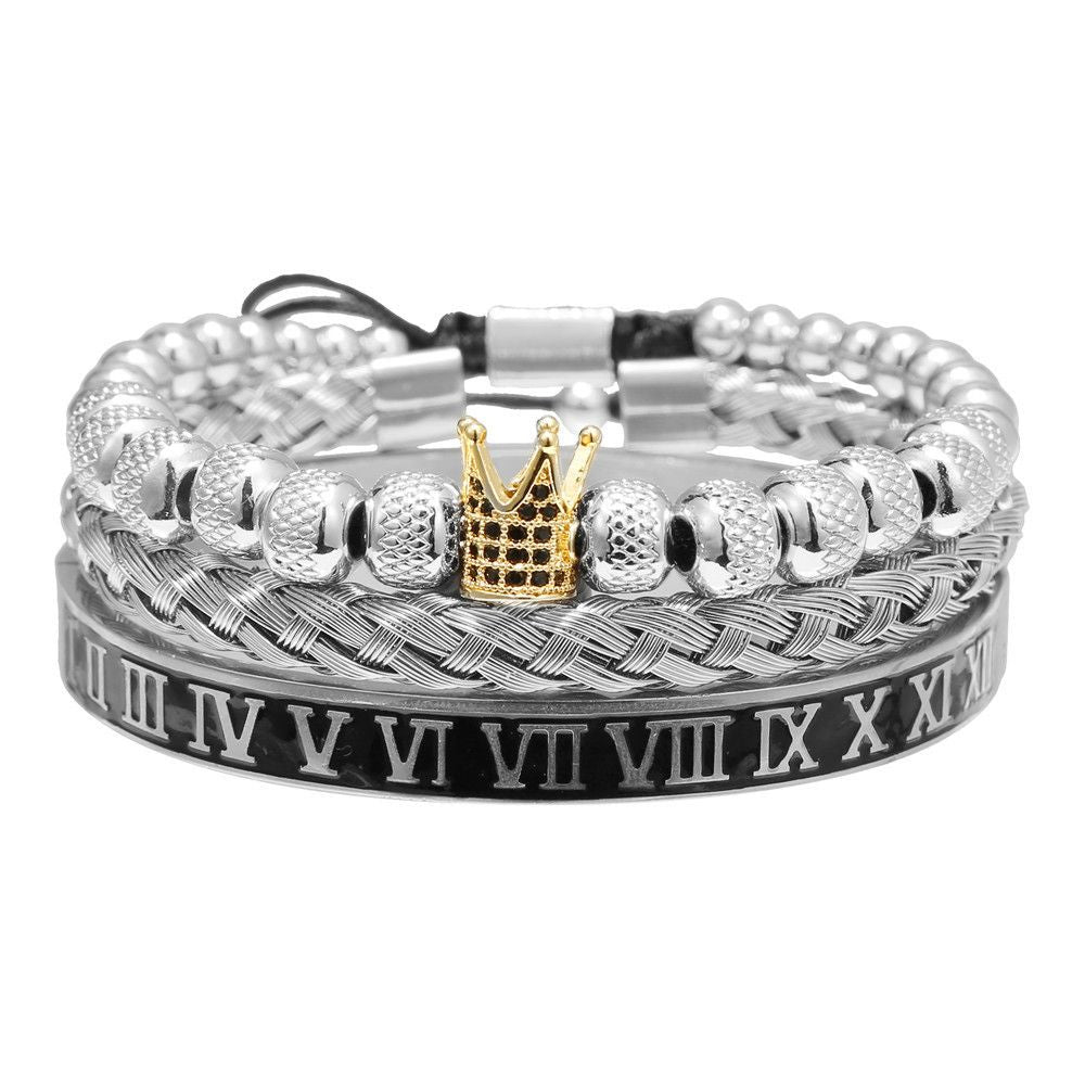 European And American Retro Easy Matching Crown Woven Brace Lace Bracelet Set Dripping Roman Letters Woven Stainless Steel Bracelet