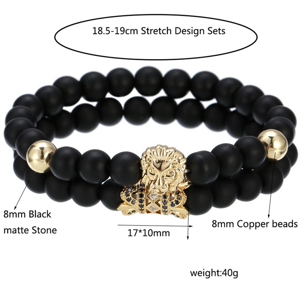 Black Frosted Copper Bead Bracelet Lion's Head Micro-inlaid Round Tube Wristband Bracelet Set