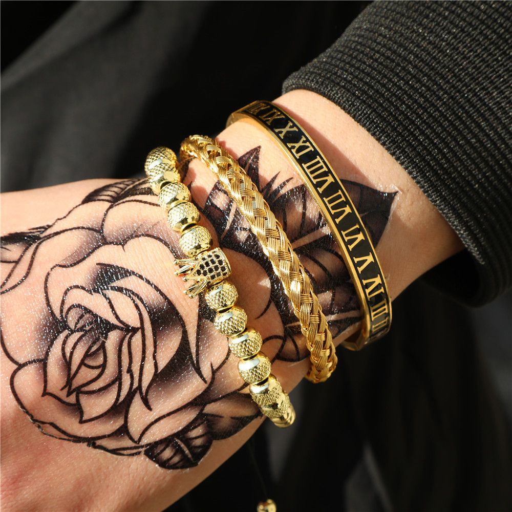 European And American Retro Easy Matching Crown Woven Brace Lace Bracelet Set Dripping Roman Letters Woven Stainless Steel Bracelet