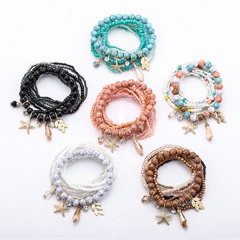 Leaf & Starfish Pendant Beaded Bracelet Boho Style Multilayer Stackable Beaded Bracelet Set Multicolor Hand Jewelry