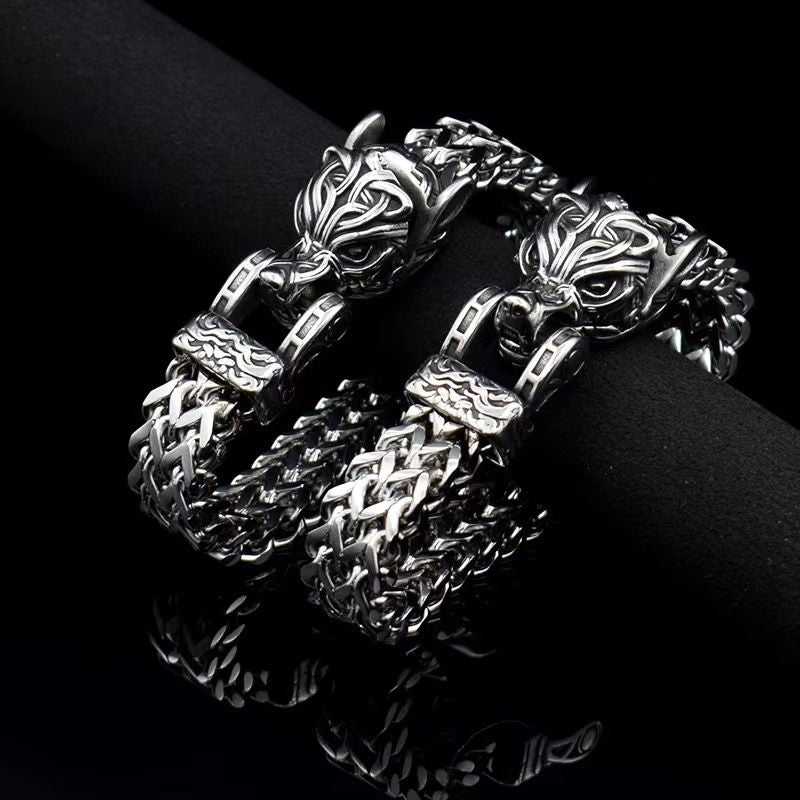 New Nordic Men's Bracelet Retro Punk Stainless Steel Wolf Head Bracelet Thick Type Positive And Negative Bracelet Does Not Fade