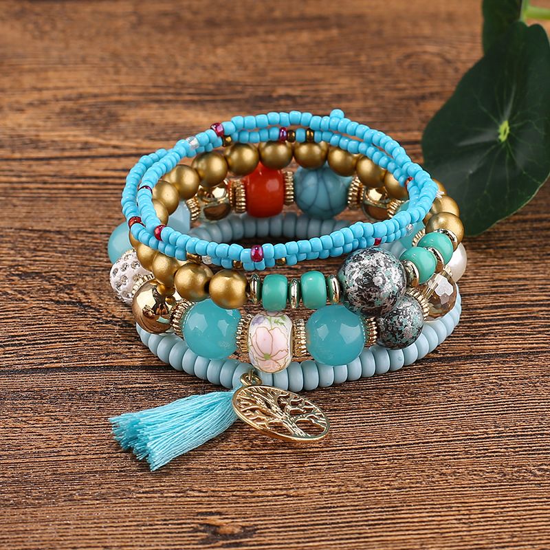 Tree Of Life Pendant Beaded Layered Bracelet Set Fringe Pompomy Charm Bracelet Beaded Jewelry Accessory